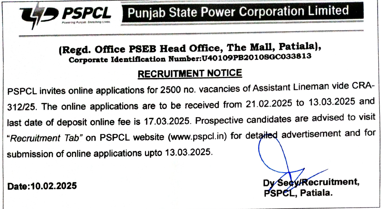 PSPCL Assistant Lineman Recruitment 2025