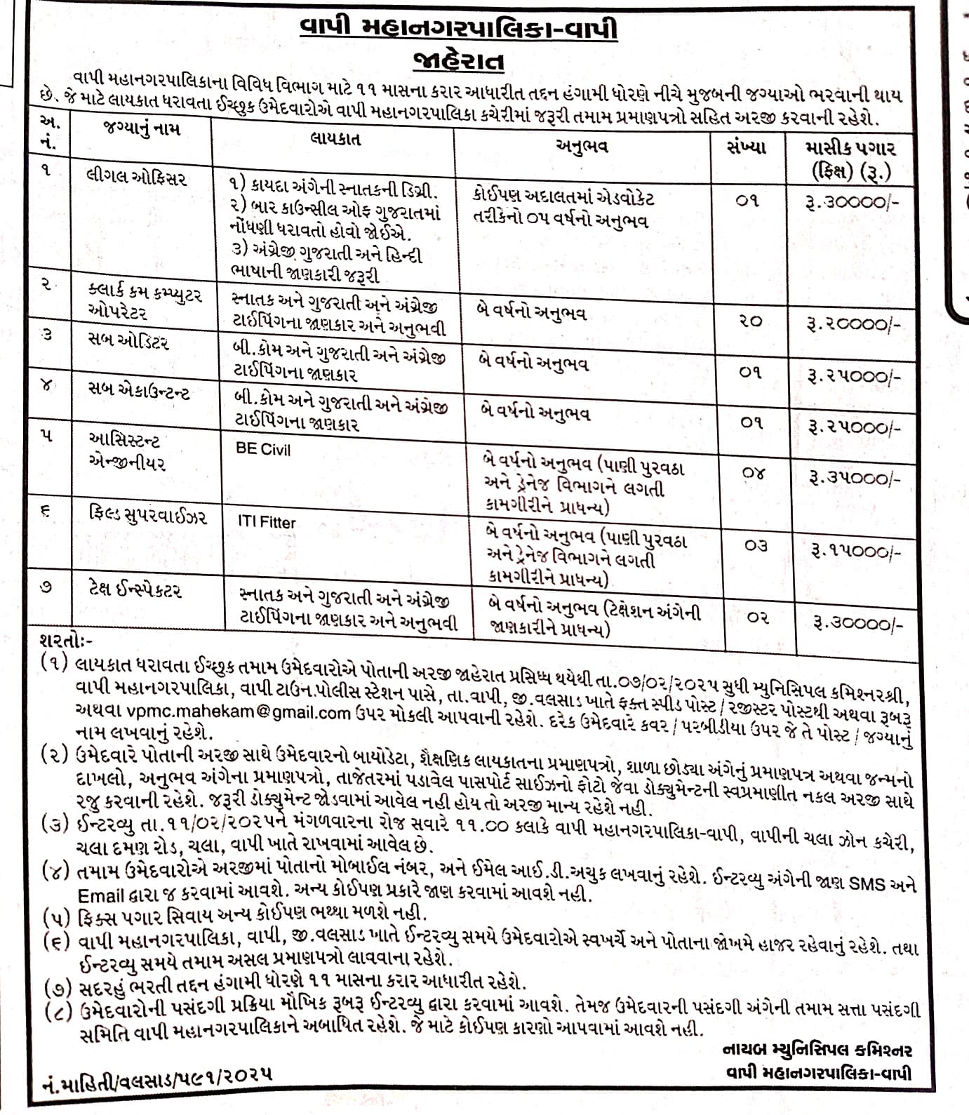 Vapi Municipal Corporation Recruitment 2025 - Full Notification 